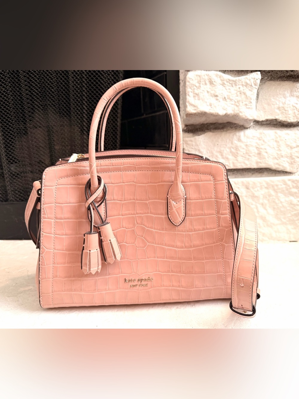 Kate Spade Pink Croc Leather Suede Satchel Crossbody Bag